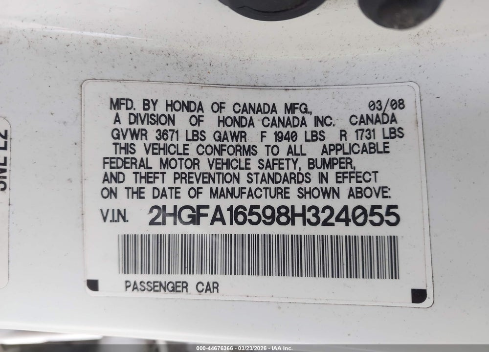 2008 HONDA CIVIC LX VIN: 2HGFA16598H324055