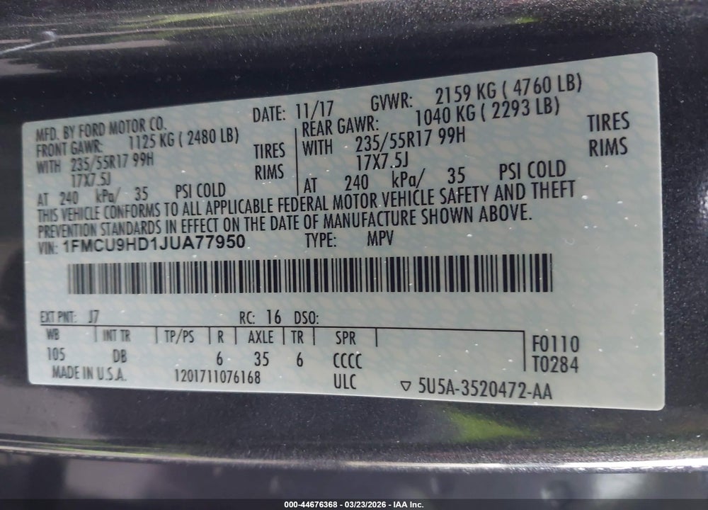 2018 FORD ESCAPE SEL VIN: 1FMCU9HD1JUA77950
