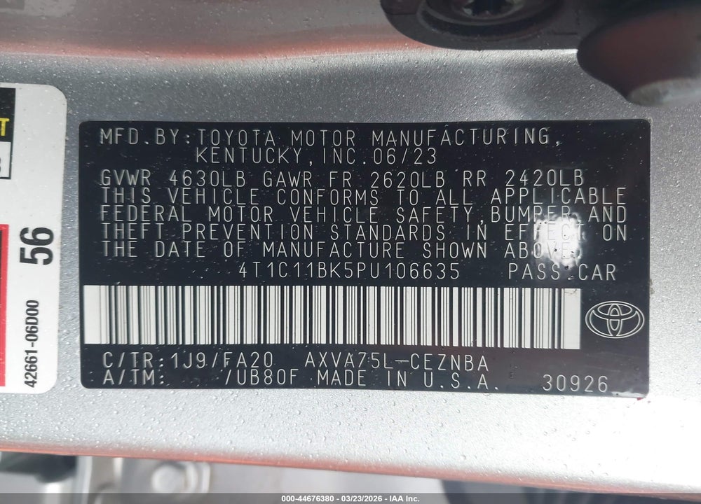 2023 TOYOTA CAMRY LE VIN: 4T1C11BK5PU106635