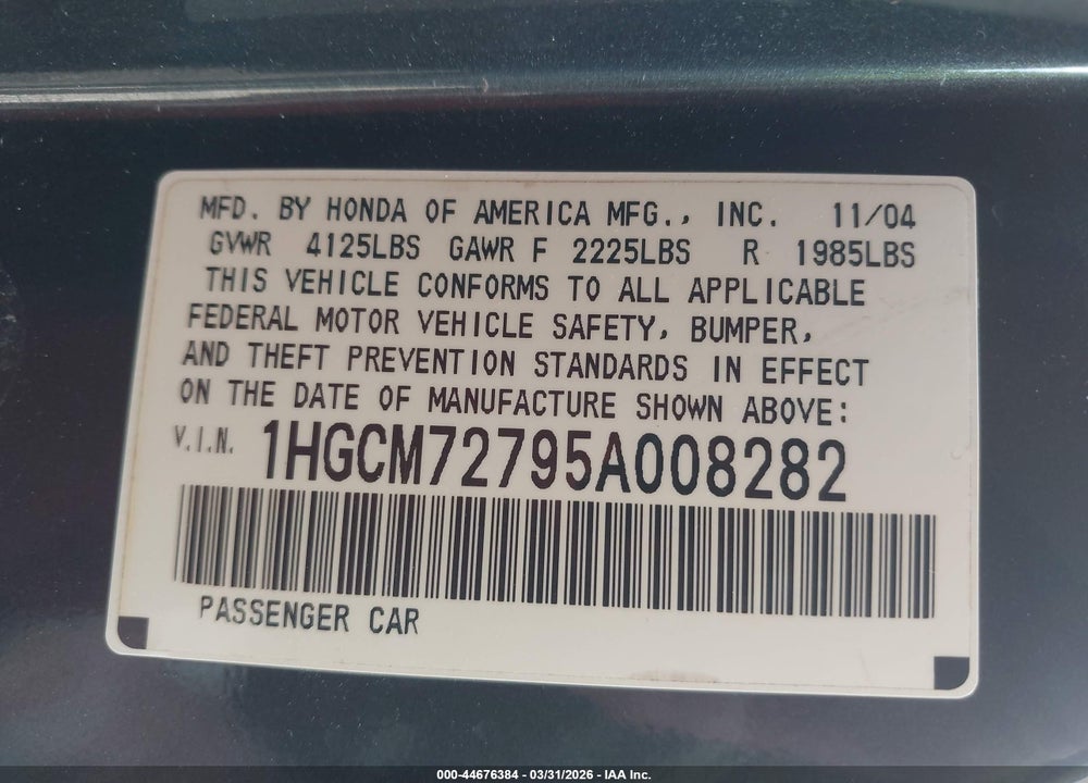 2005 HONDA ACCORD 2.4 EX VIN: 1HGCM72795A008282