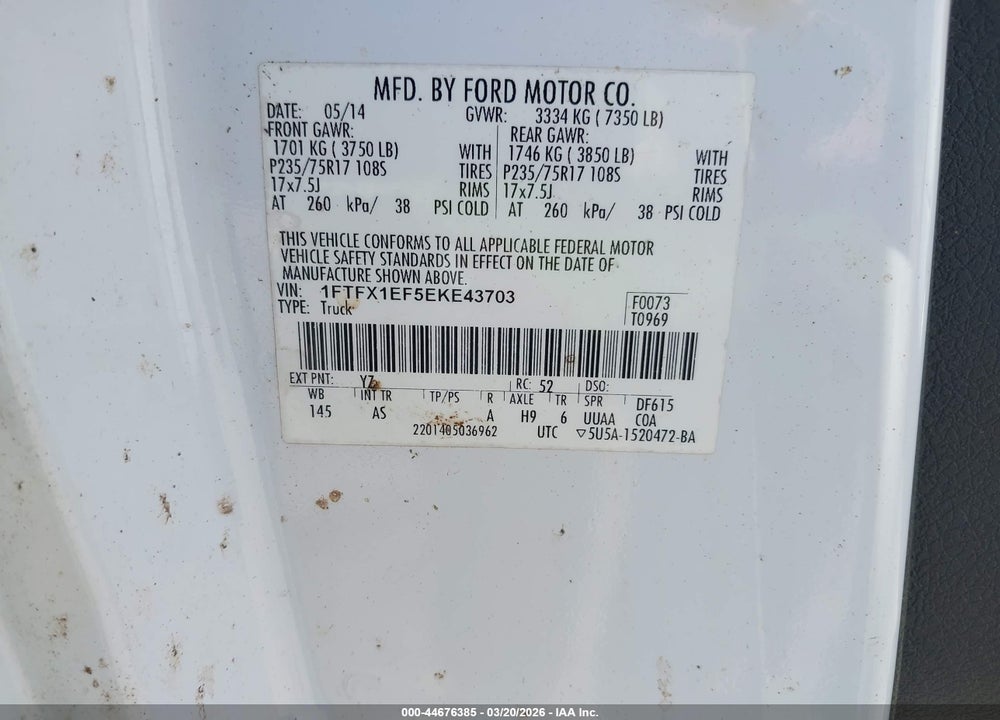 2014 FORD F-150 XL VIN: 1FTFX1EF5EKE43703