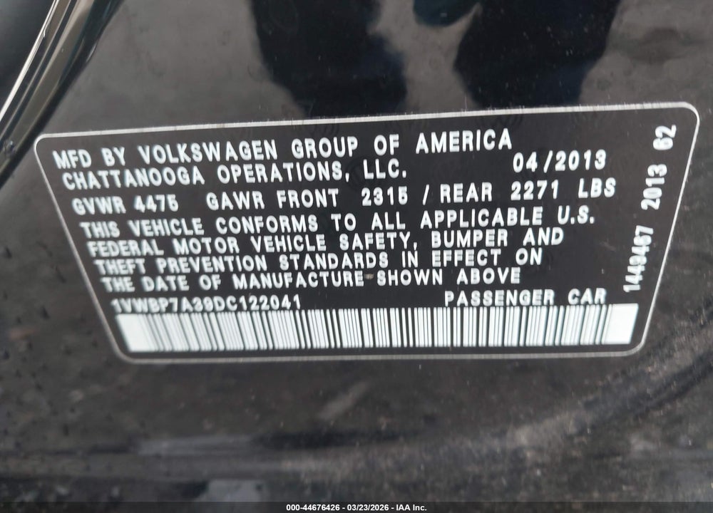 2013 VOLKSWAGEN PASSAT 2.5L SE VIN: 1VWBP7A39DC122041