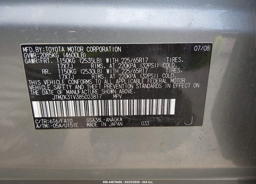 2008 TOYOTA RAV4 LIMITED V6 VIN: JTMZK31V385023817