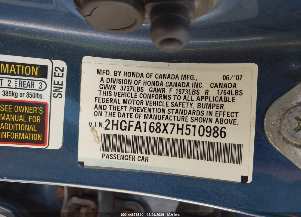 2007 HONDA CIVIC EX VIN: 2HGFA168X7H510986