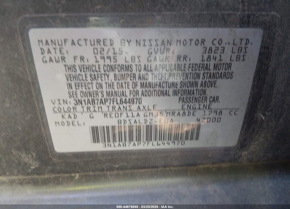 2015 NISSAN SENTRA SV VIN: 3N1AB7AP7FL644970