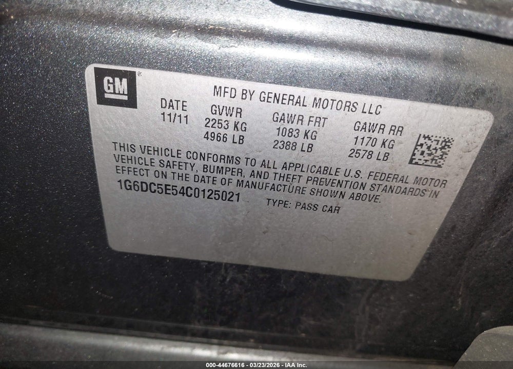 2012 CADILLAC CTS STANDARD VIN: 1G6DC5E54C0125021
