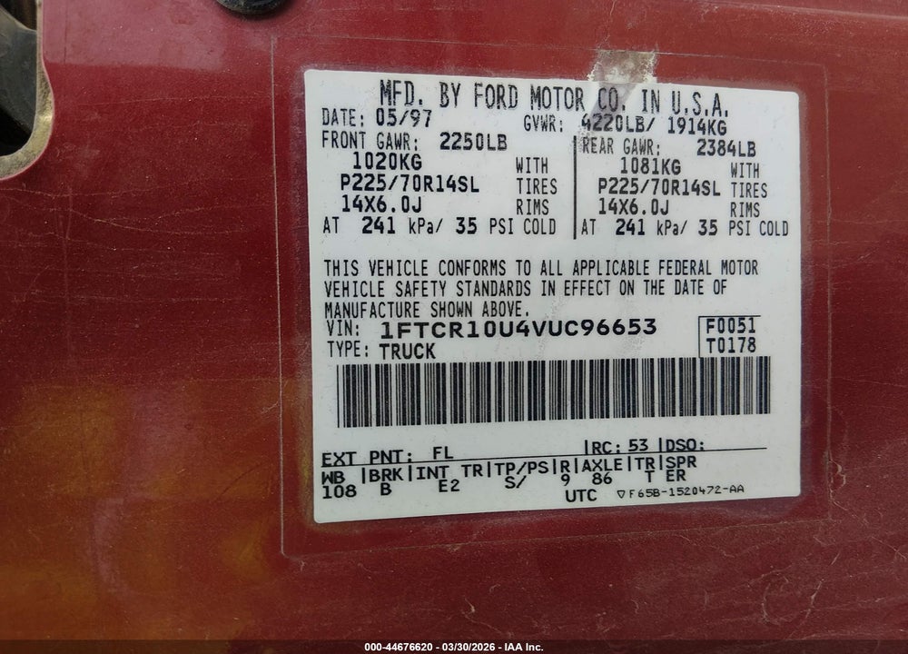 1997 FORD RANGER SPLASH/XL/XLT VIN: 1FTCR10U4VUC96653