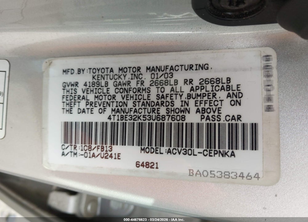 2003 TOYOTA CAMRY LE VIN: 4T1BE32K53U687608