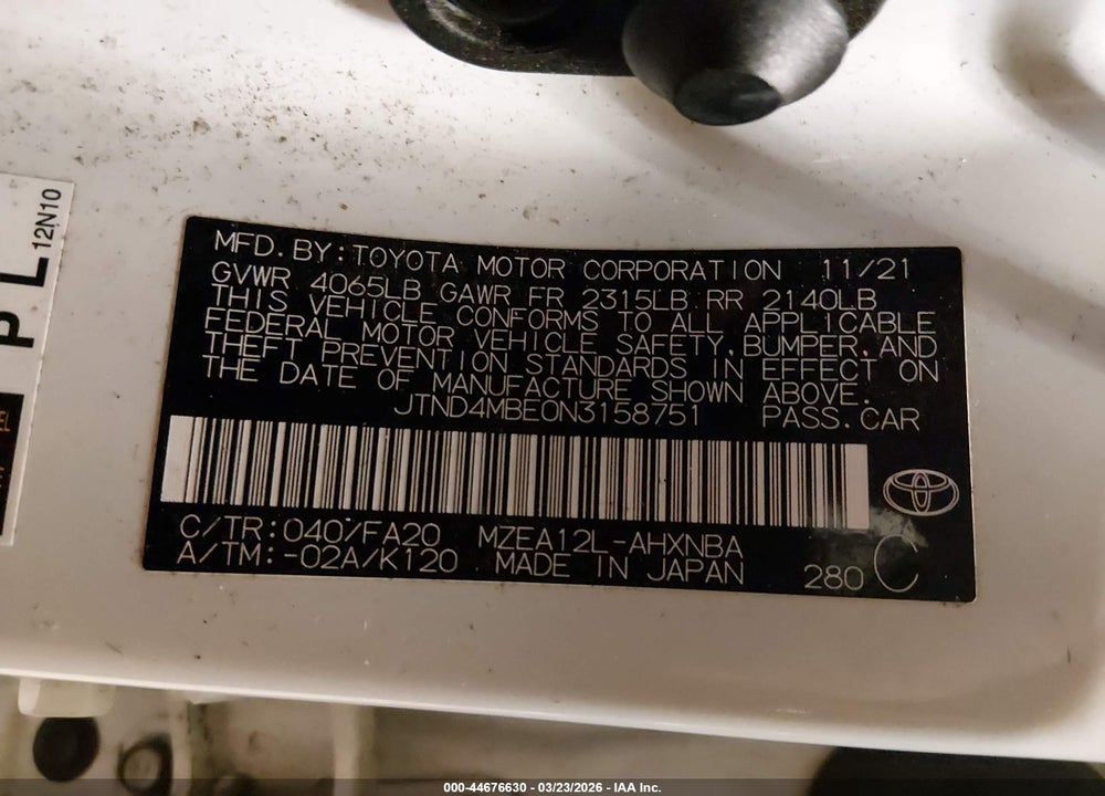 2022 TOYOTA COROLLA SE VIN: JTND4MBE0N3158751