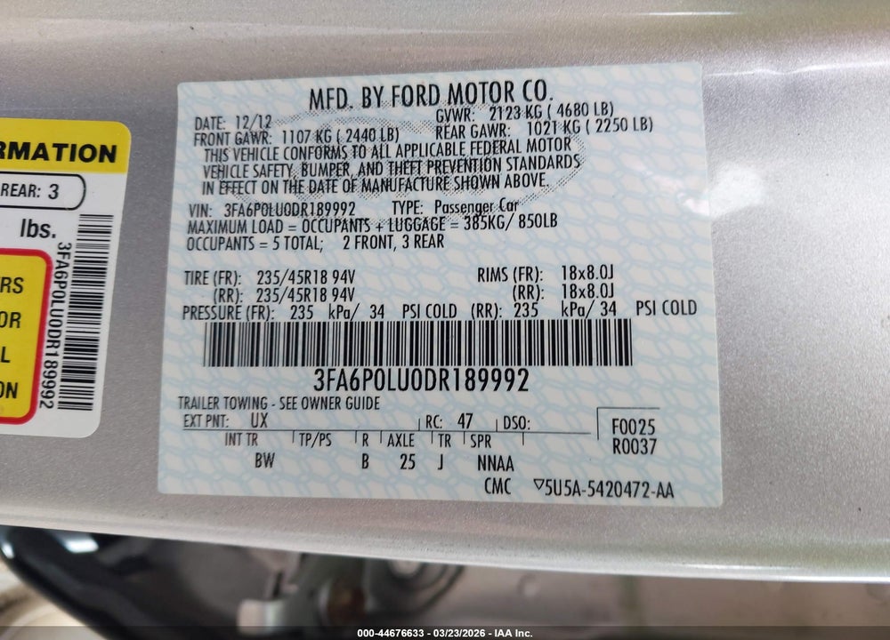 2013 FORD FUSION HYBRID SE VIN: 3FA6P0LU0DR189992