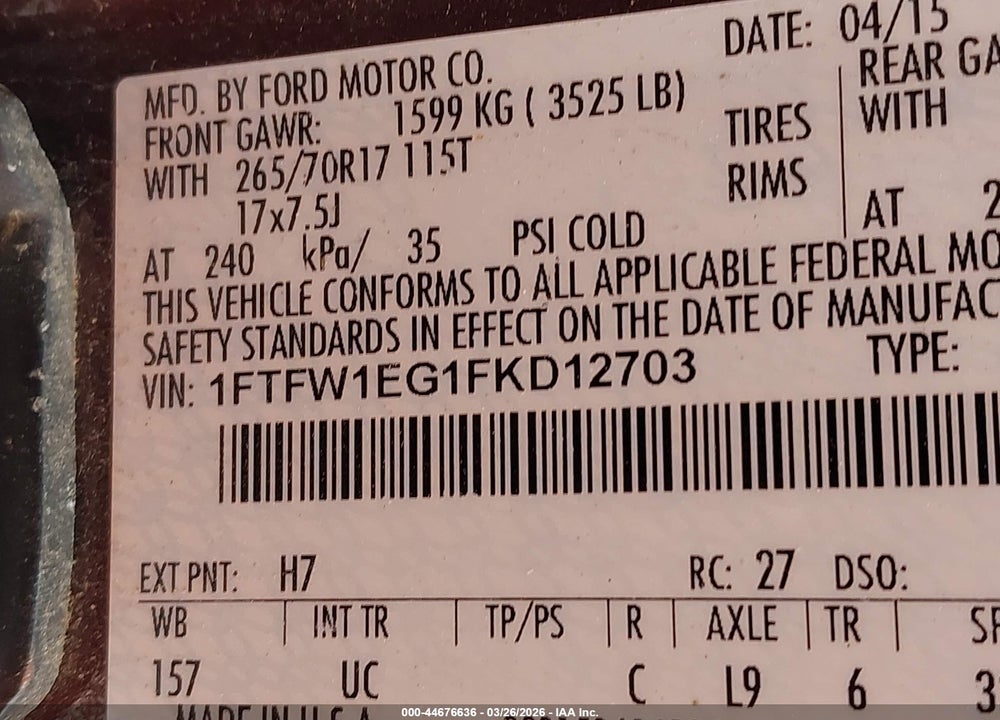 2015 FORD F-150 XLT VIN: 1FTFW1EG1FKD12703