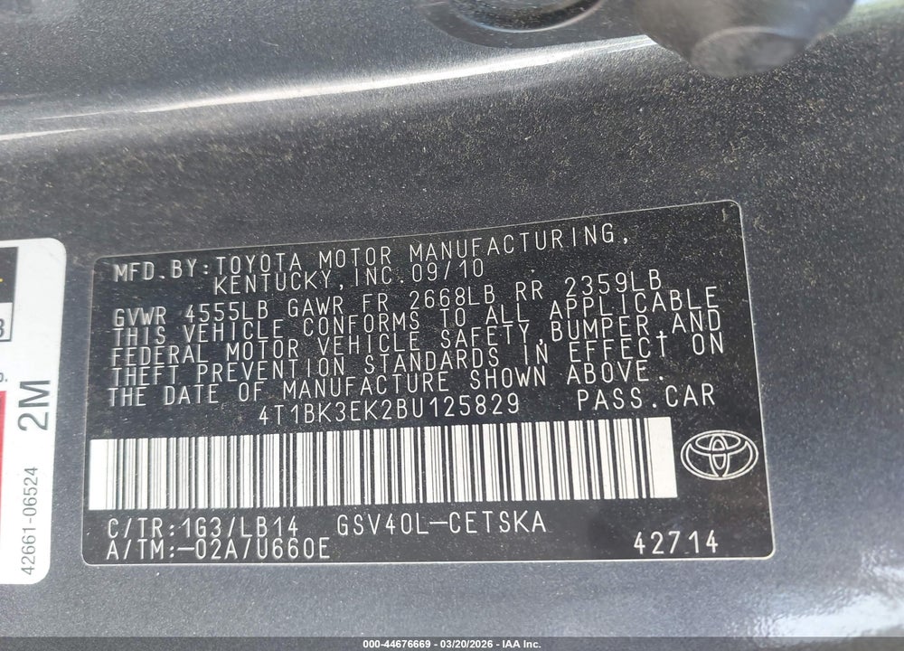 2011 TOYOTA CAMRY SE V6 VIN: 4T1BK3EK2BU125829