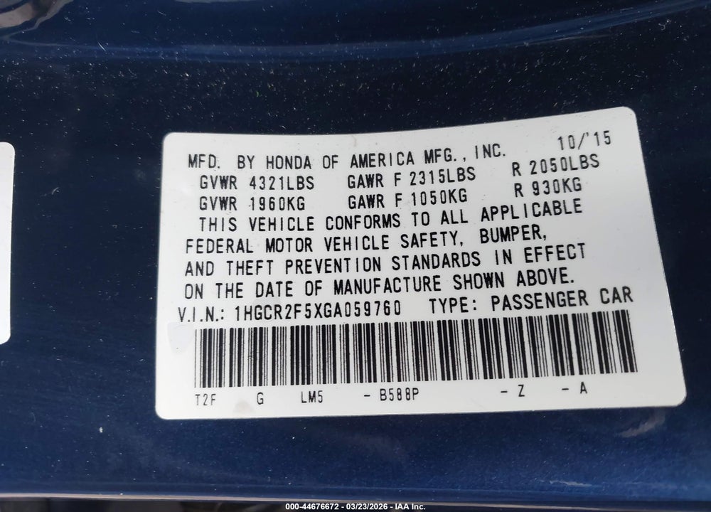 2016 HONDA ACCORD SPORT VIN: 1HGCR2F5XGA059760