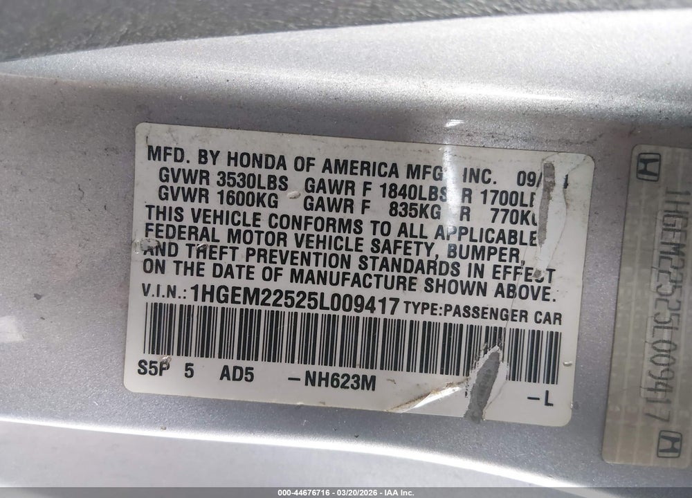 2005 HONDA CIVIC LX VIN: 1HGEM22525L009417