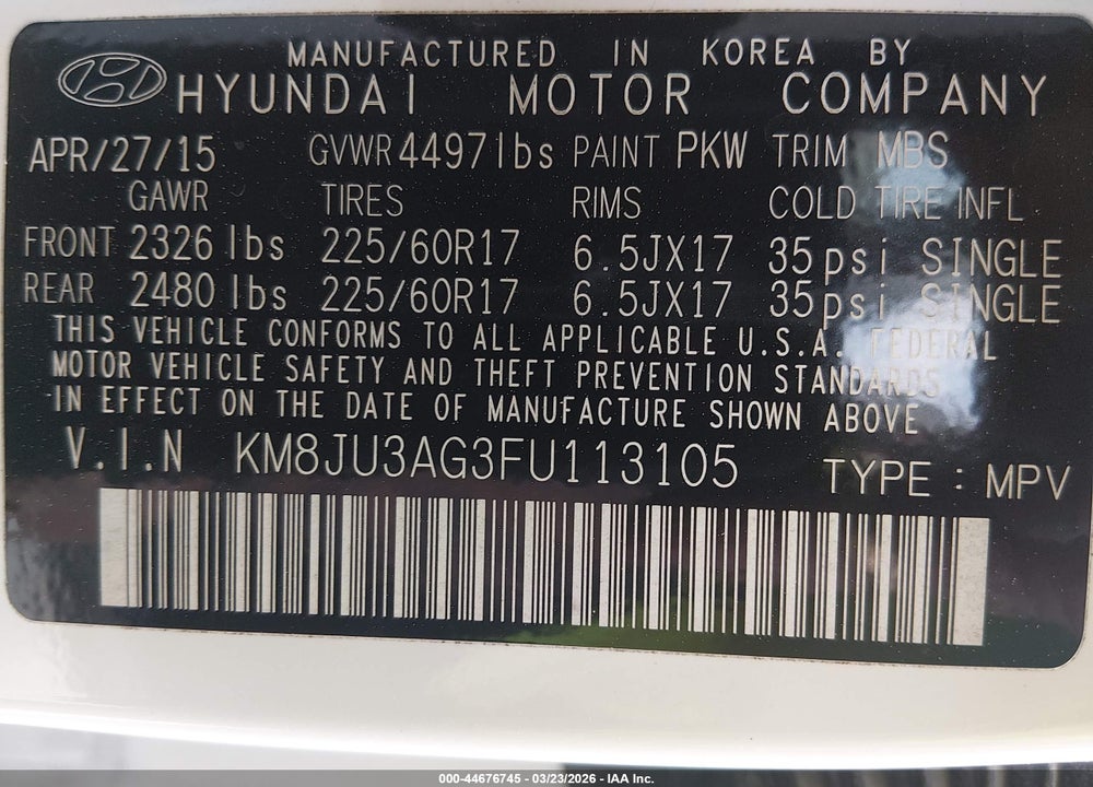 2015 HYUNDAI TUCSON SE VIN: KM8JU3AG3FU113105