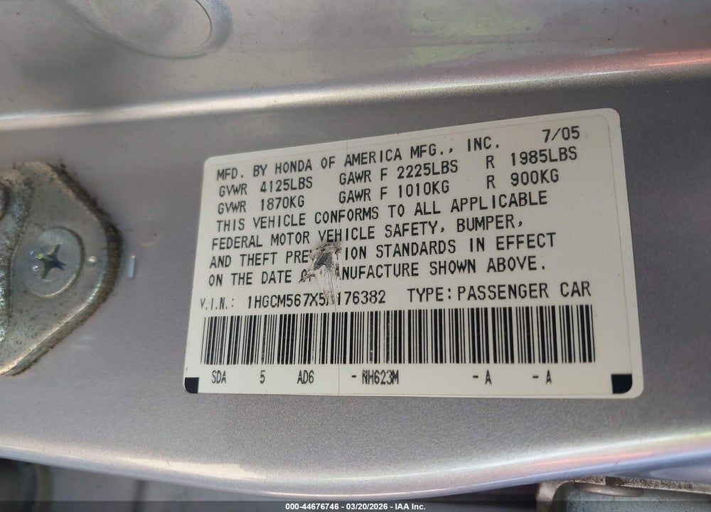 2005 HONDA ACCORD 2.4 EX VIN: 1HGCM567X5A176382