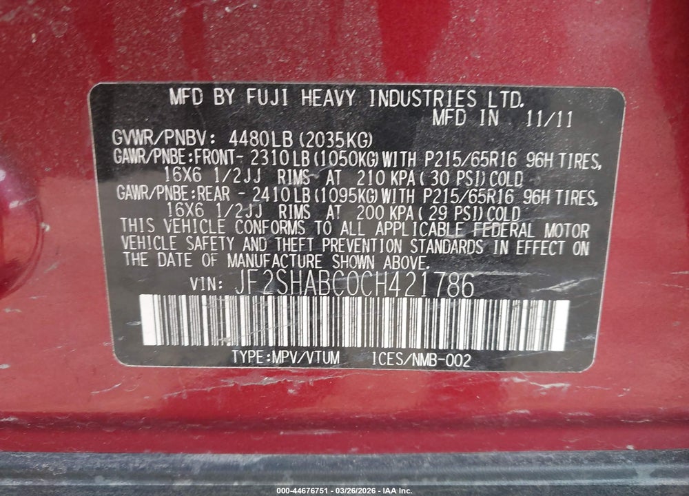 2012 SUBARU FORESTER 2 VIN: JF2SHABC0CH421786