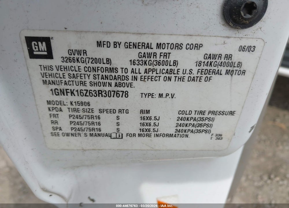 2003 CHEVROLET SUBURBAN 1500 LS VIN: 1GNFK16Z63R307678