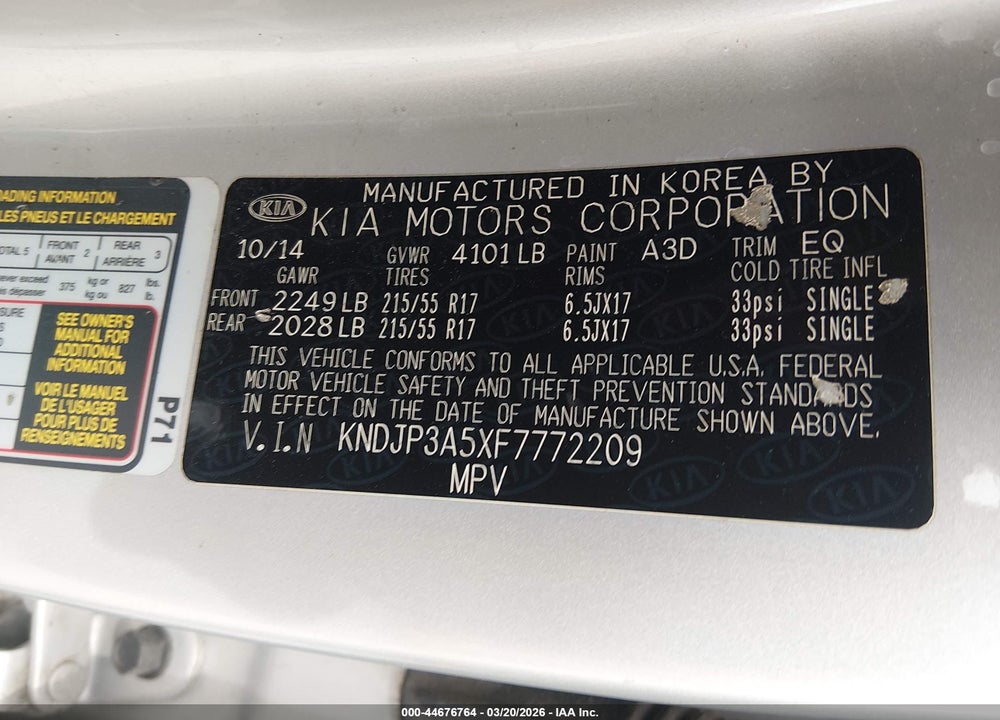 2015 KIA SOUL + VIN: KNDJP3A5XF7772209