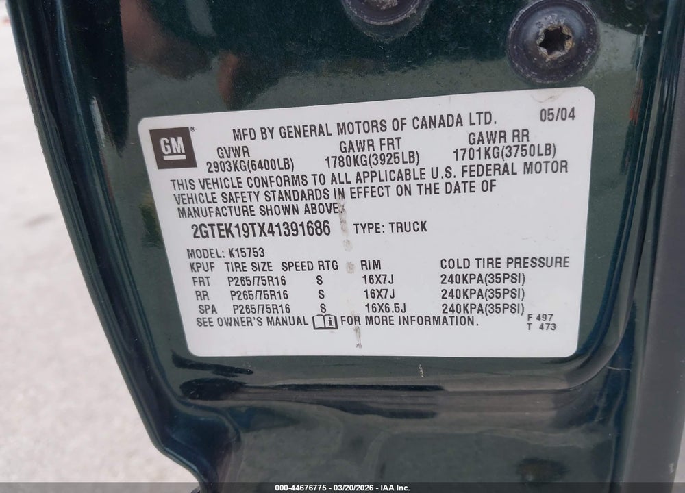 2004 GMC SIERRA 1500 SLE VIN: 2GTEK19TX41391686