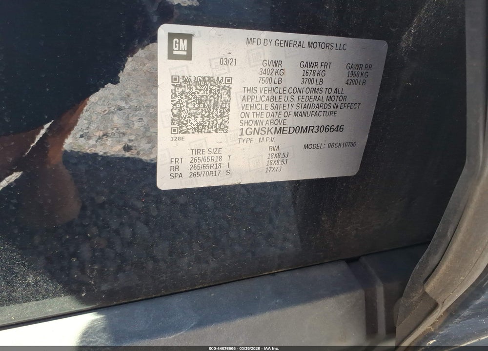 2021 CHEVROLET TAHOE 4WD LS VIN: 1GNSKMED0MR306646