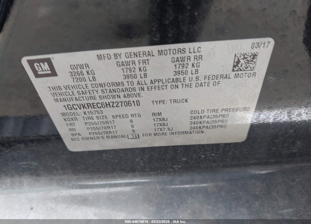 2017 CHEVROLET SILVERADO 1500 1LT VIN: 1GCVKREC6HZ270610