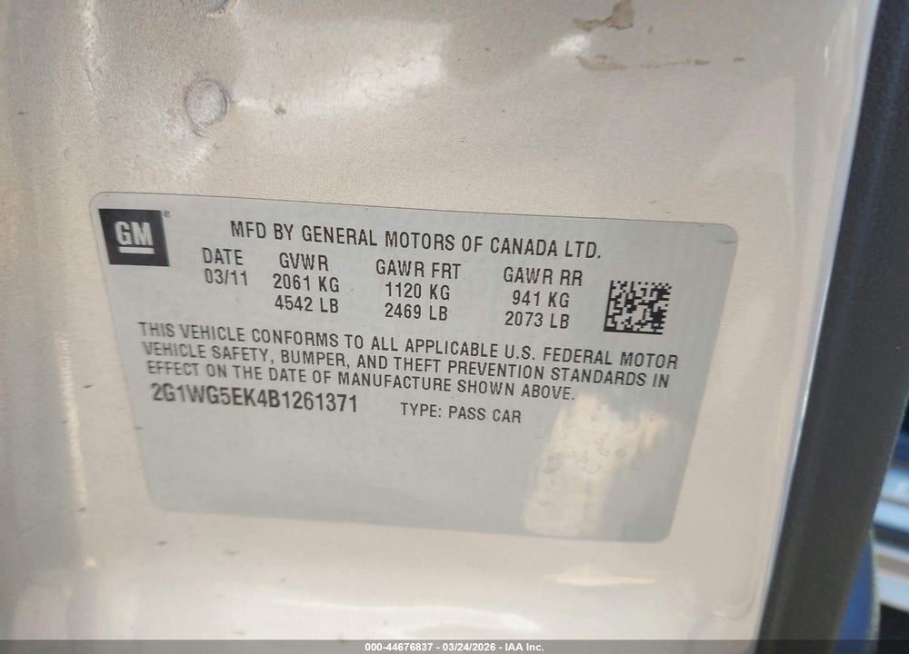 2011 CHEVROLET IMPALA LT VIN: 2G1WG5EK4B1261371
