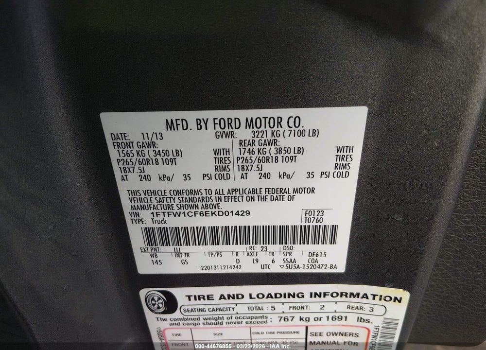 2014 FORD F-150 XLT VIN: 1FTFW1CF6EKD01429