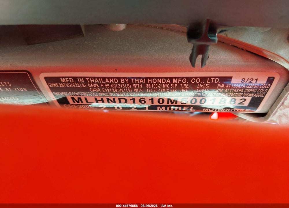 2021 HONDA CRF300 L VIN: MLHND1610M5001882