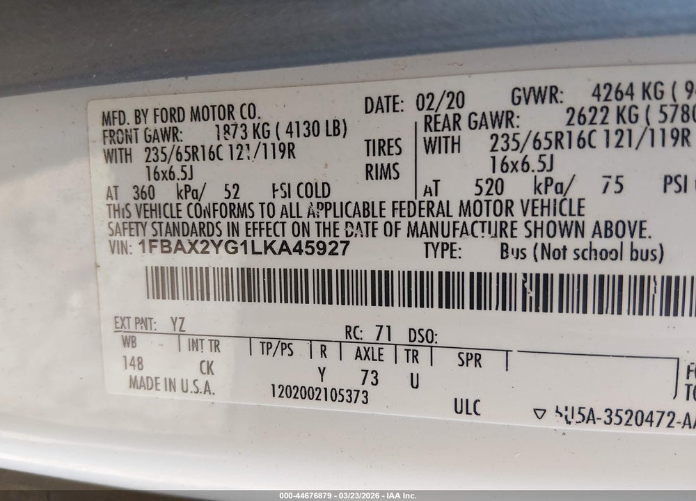 2020 FORD TRANSIT-350 PASSENGER VAN XLT VIN: 1FBAX2YG1LKA45927