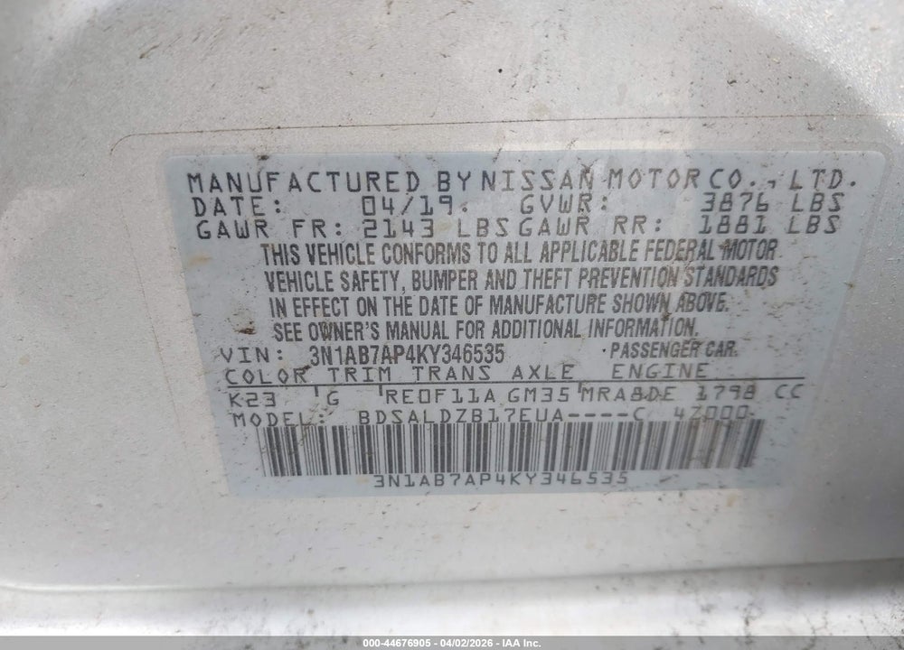 2019 NISSAN SENTRA SV VIN: 3N1AB7AP4KY346535