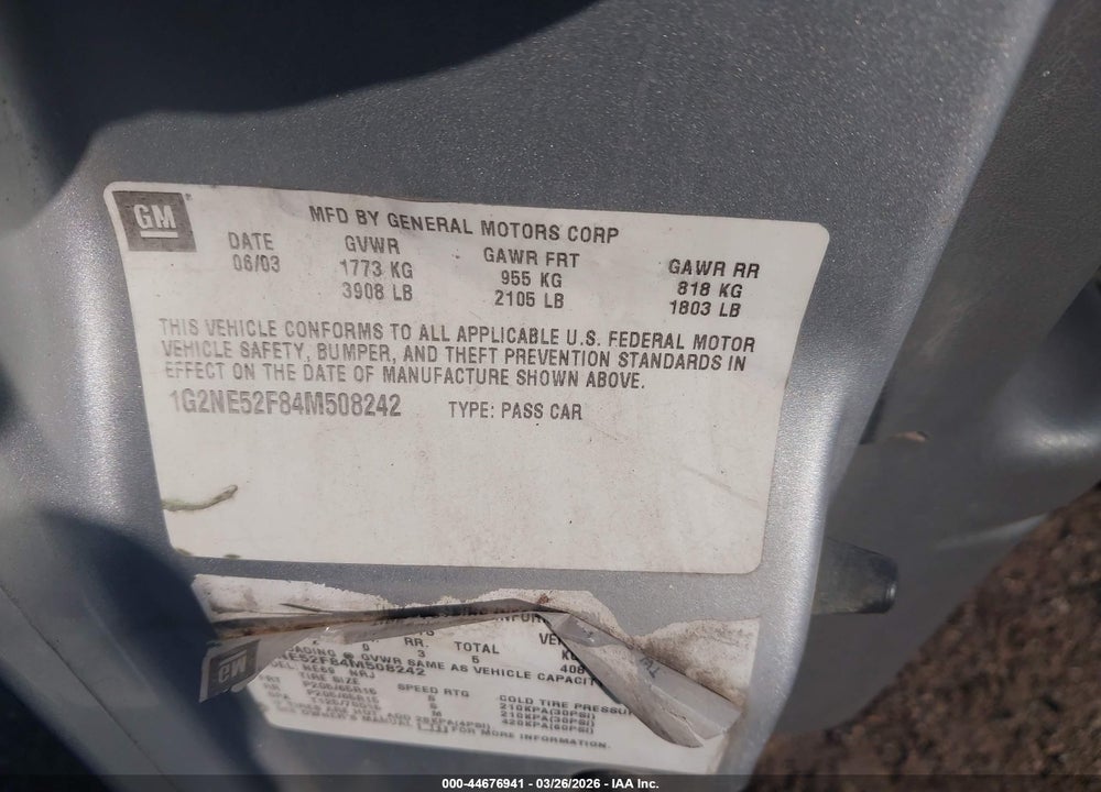 2004 PONTIAC GRAND AM SE VIN: 1G2NE52F84M508242