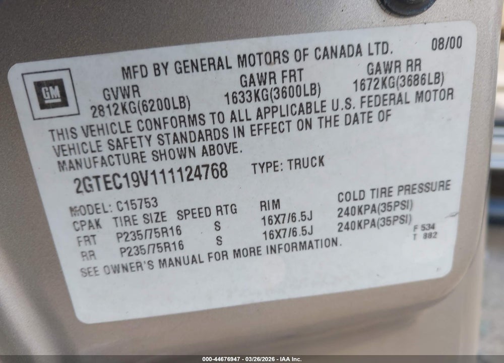 2001 GMC SIERRA 1500 SLE VIN: 2GTEC19V111124768