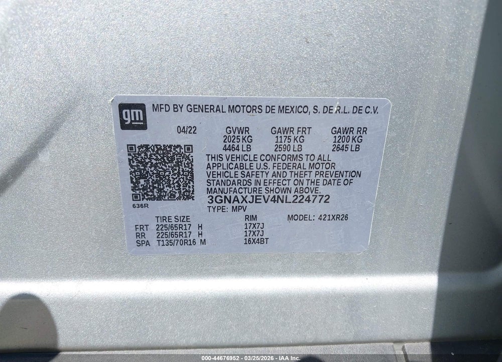 2022 CHEVROLET EQUINOX FWD 2FL VIN: 3GNAXJEV4NL224772