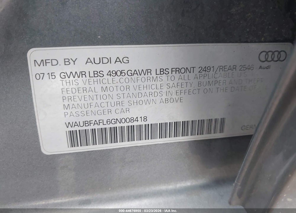 2016 AUDI A4 2.0T PREMIUM VIN: WAUBFAFL6GN008418