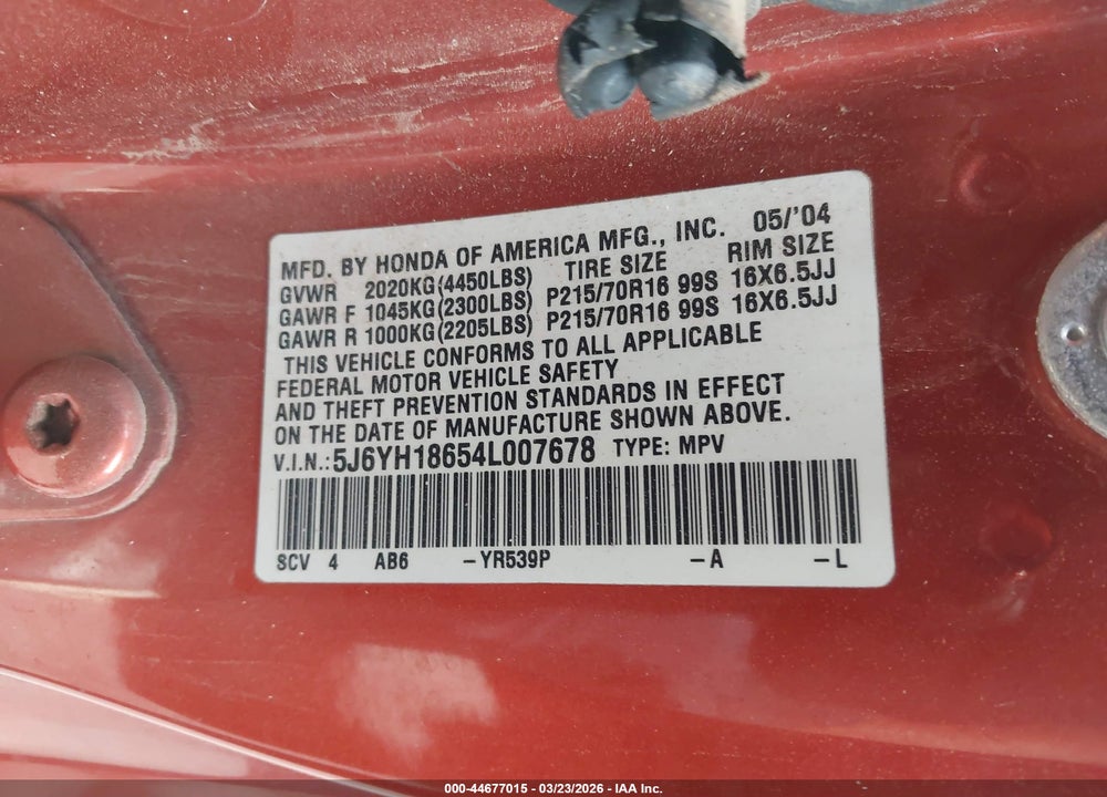 2004 HONDA ELEMENT VIN: 5J6YH18654L007678