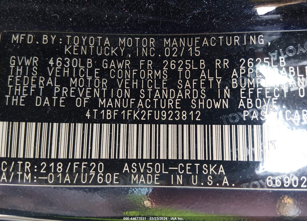 2015 TOYOTA CAMRY SE VIN: 4T1BF1FK2FU923812