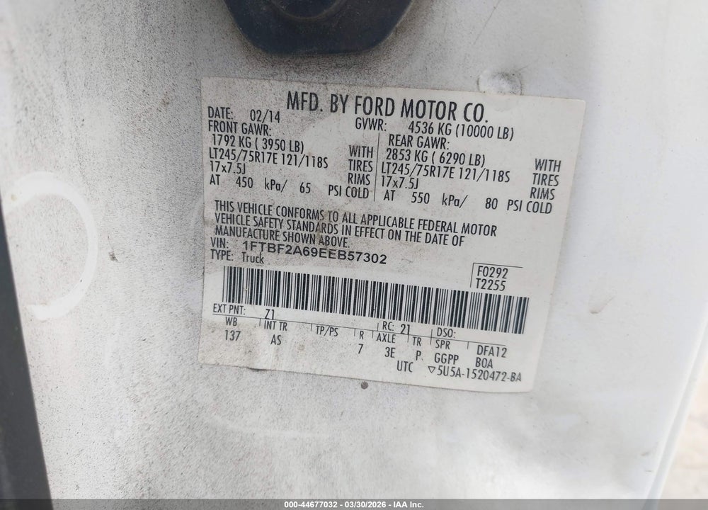 2014 FORD F-250 XL VIN: 1FTBF2A69EEB57302