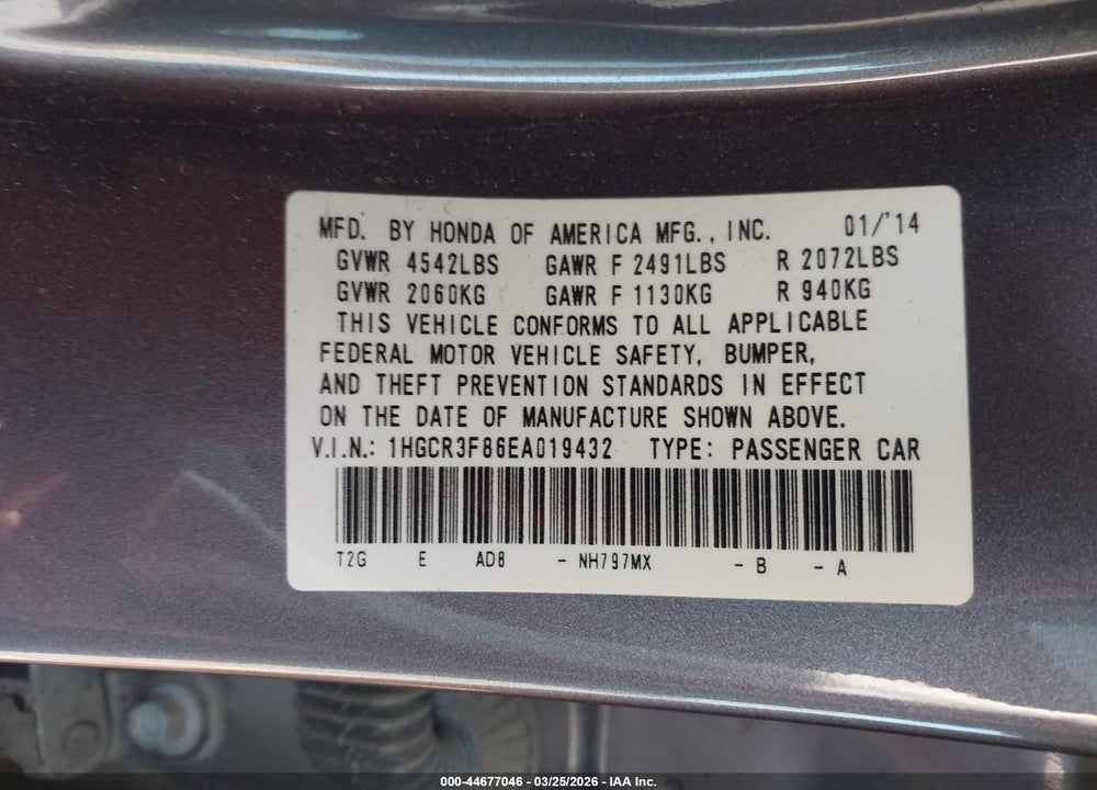 2014 HONDA ACCORD EX-L V-6 VIN: 1HGCR3F86EA019432