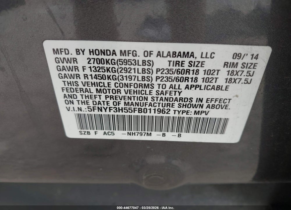 2015 HONDA PILOT EX-L VIN: 5FNYF3H55FB011962