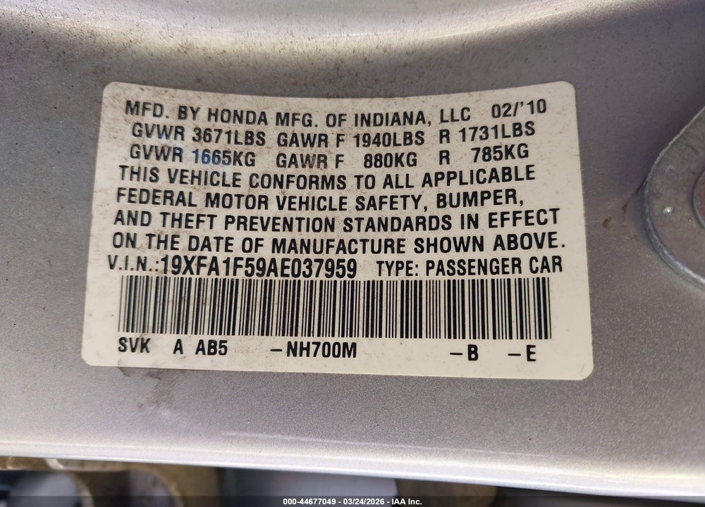 2010 HONDA CIVIC LX VIN: 19XFA1F59AE037959