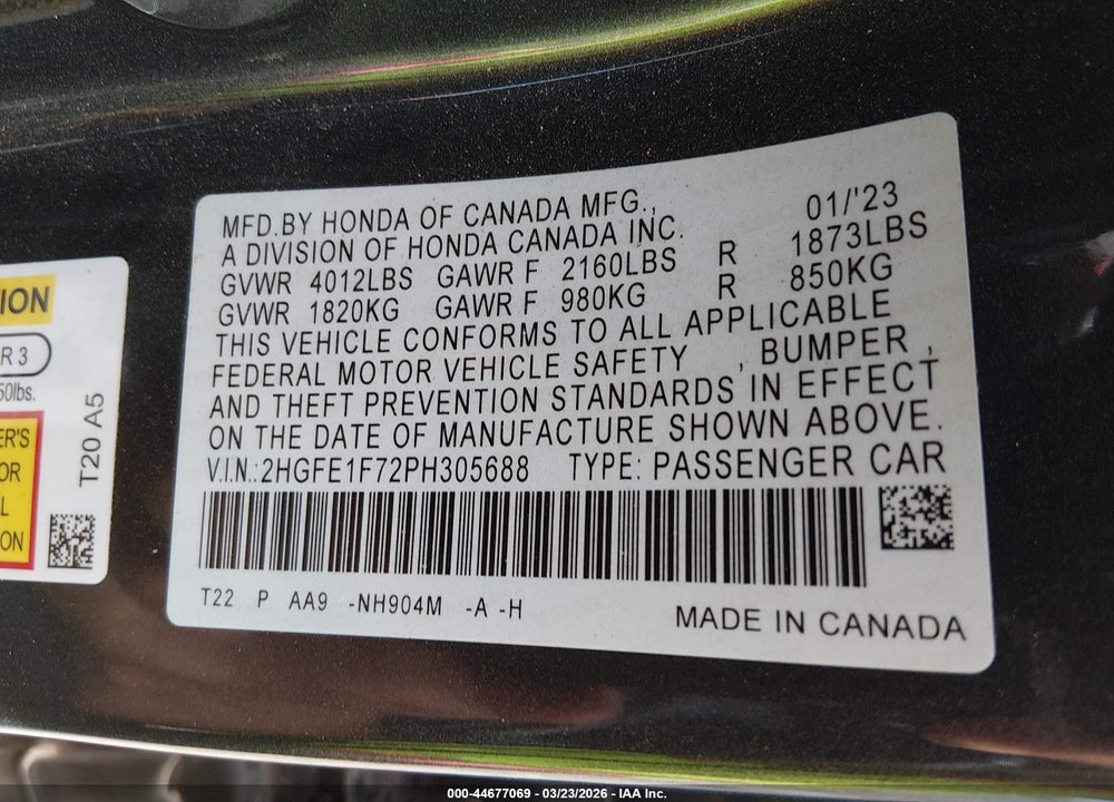 2023 HONDA CIVIC EX/EX W/O BSI VIN: 2HGFE1F72PH305688