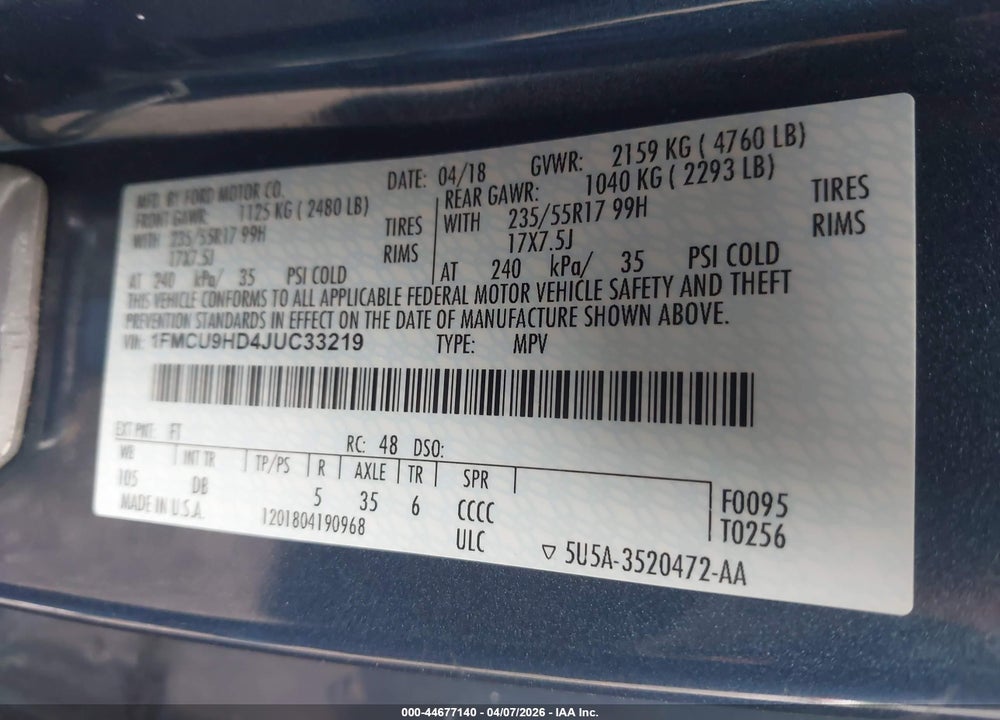 2018 FORD ESCAPE SEL VIN: 1FMCU9HD4JUC33219