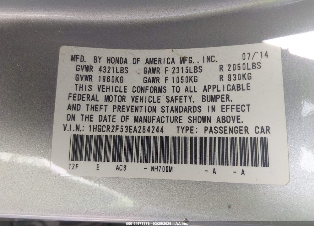 2014 HONDA ACCORD SPORT VIN: 1HGCR2F53EA284244