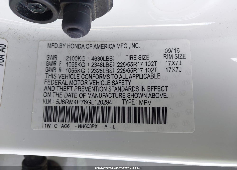 2016 HONDA CR-V EX-L VIN: 5J6RM4H76GL120294