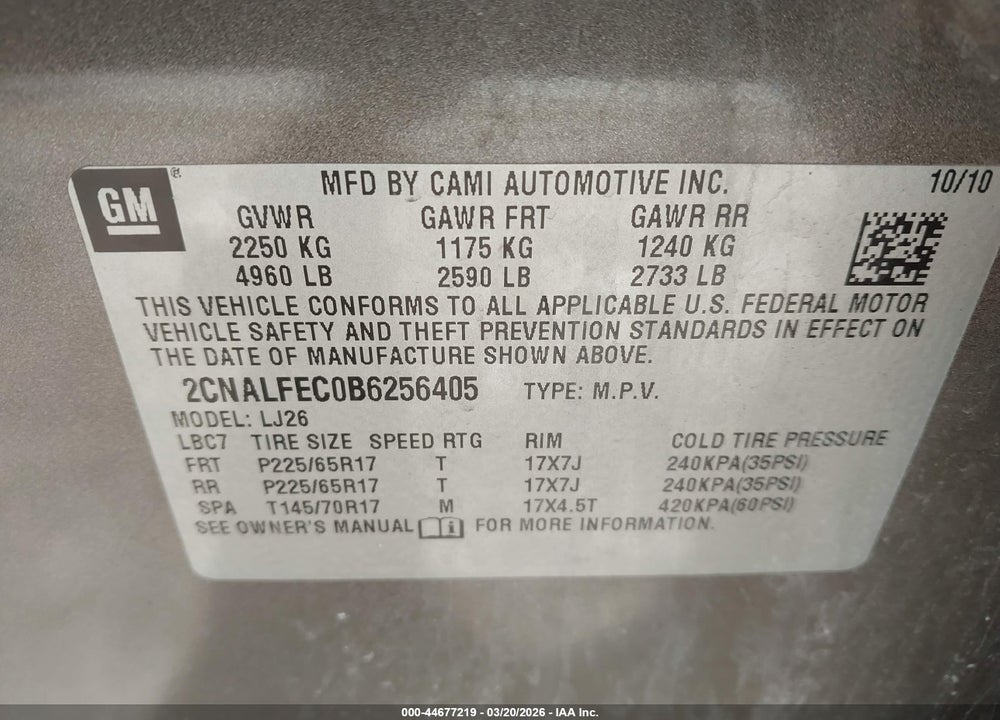 2011 CHEVROLET EQUINOX LTZ VIN: 2CNALFEC0B6256405