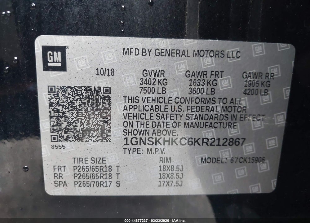 2019 CHEVROLET SUBURBAN LT VIN: 1GNSKHKC6KR212867