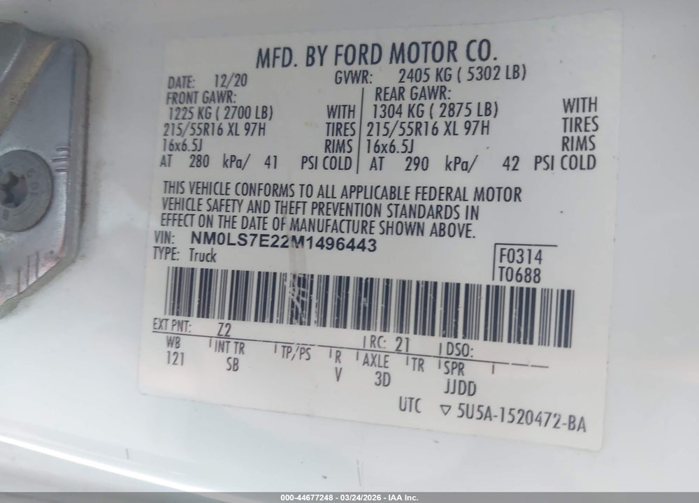 2021 FORD TRANSIT CONNECT XL VIN: NM0LS7E22M1496443