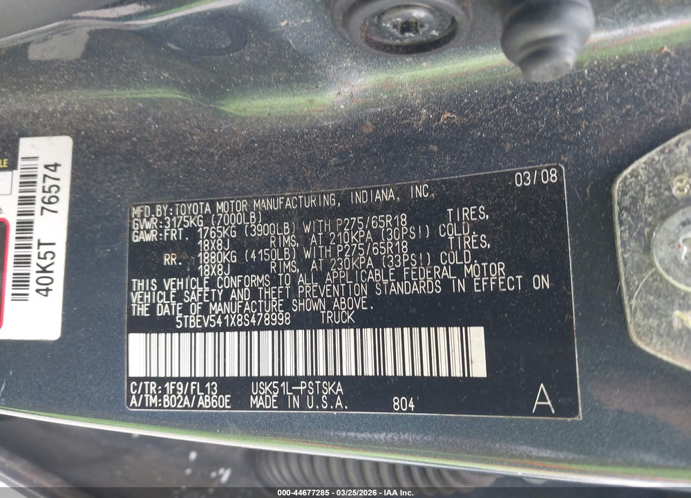 2008 TOYOTA TUNDRA SR5 5.7L V8 VIN: 5TBEV541X8S478998