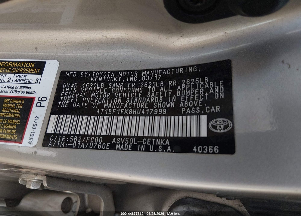 2017 TOYOTA CAMRY LE VIN: 4T1BF1FK8HU417999